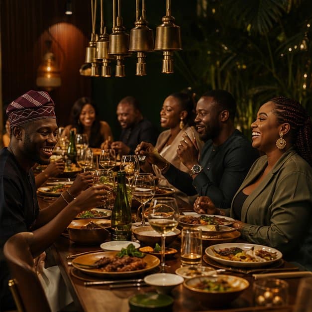 Friends sharing dinner around a long table at Iroko Kitchen