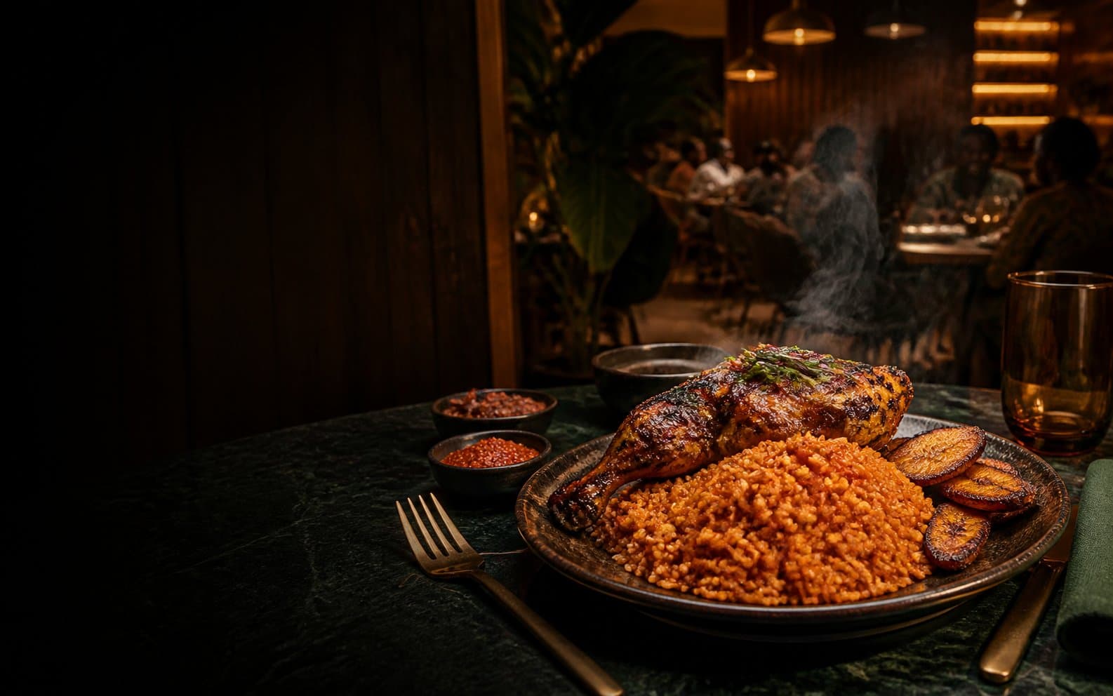 Jollof rice, grilled chicken and plantain served in Iroko Kitchen